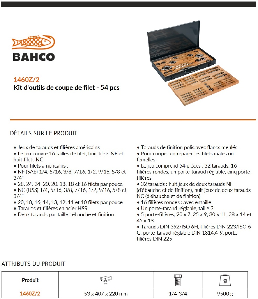 Coffret de tarauds et filières Américain Bahco 1460Z/2